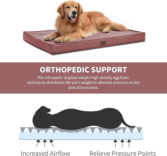 Outdoor Orthopedic Dog Bed for Extra Large Dogs, XL Waterproof Flat Pet Bed 44x32 Inch, Egg Crate Foam with Removable Washable Oxford Cooling Cover, Pink