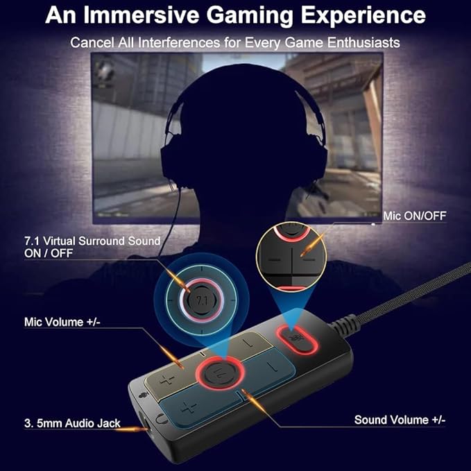 [Upgrade] 1Mii USB Sound Card, 3.5mm Jack Audio Adapter - Virtual 7.1 Surround Sound - USB Adapter for Desktop/Laptop/Game Equipments, External Sound Card No Drivers Needed Plug and Play