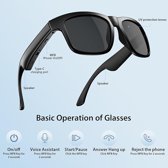 AIRMARS Bluetooth Glasses for Men and Women, Polarized Smart Glasses with Speakers,Smart Wireless Headphone Glasses for Athletic/Outdoor UV Protection/Voice Assistant