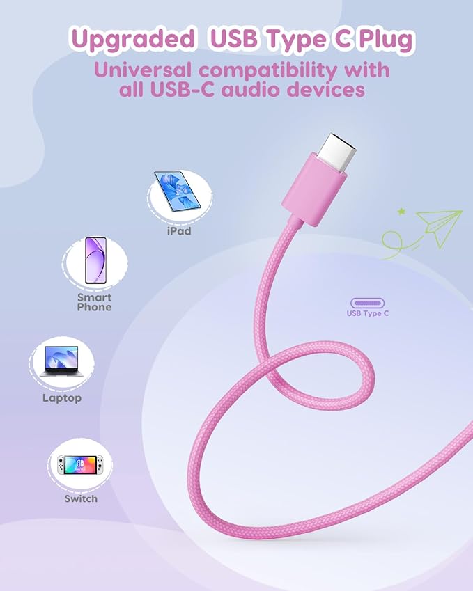 USB-C Kids Headphones, 74/85/94dB Volume Limiter, Foldable Wired Over Ear Headphones for Travel, Toddler Headphones for School, Travel, iPad, Tablet, Pink Gradient