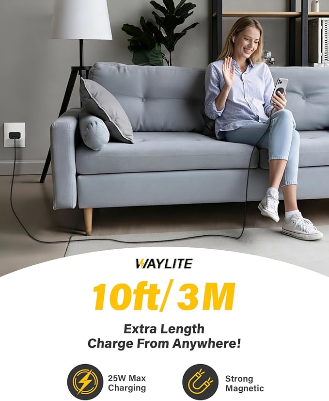 25W Magnetic Wireless Charger, 10FT Fast Charging Pad Qi2.2 Wireless Charge for iPhone 17 16 /AirPods3/2/Pro/for Galaxy S26 Ultra/Pixel 10 Series, Portable Charger for Desk& Travel(1Pack,Black)