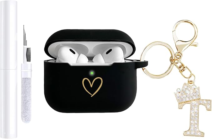 Compatible with AirPods Pro 3 Case Cover (2025), Soft Silicone Case with Gold Heart Pattern for AirPods Pro 3rd Generation Case with Rhinestone Studded Letter A-Z Keychain (T Black)