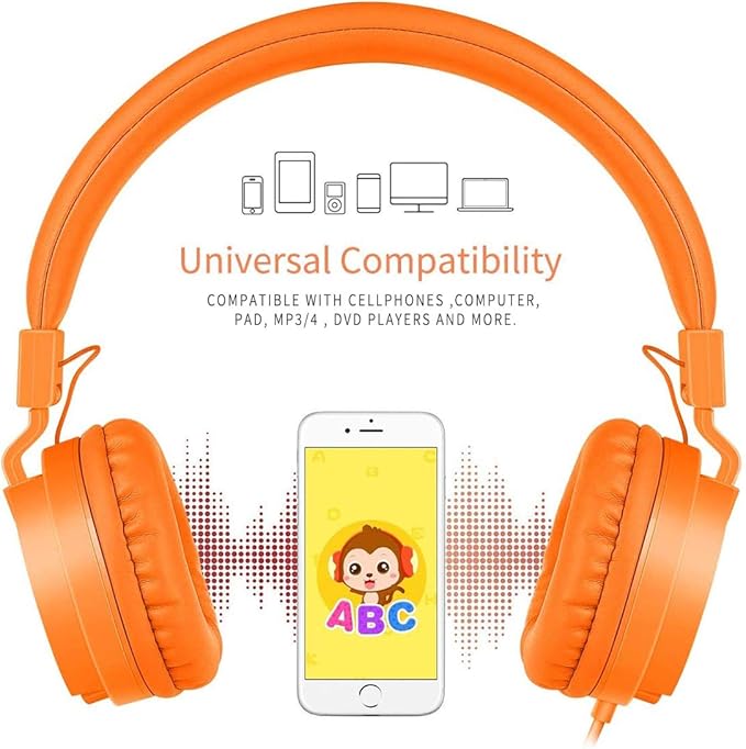 gorsun Kids Headphones, Lightweight Stereo Wired Toddler Headphones，Adjustable Headband Children's Headset for Smartphones Computer Pad Earphones(Orange)