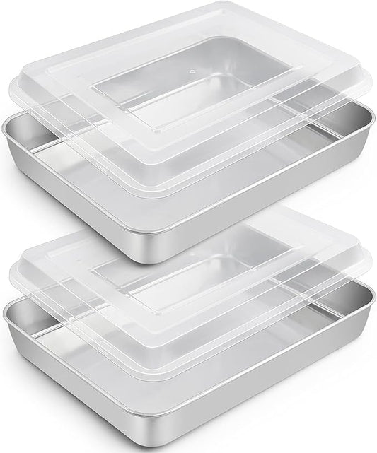 TeamFar Rectangular Cake Pans with Lids, 10.5’’ x 8’’ x 2’’ Stainless Steel Lasagna Brownie Pan For Baking Roasting, Healthy & Solid, Brushed Surface & Dishwasher Safe, (2 Pans+2 Lids)