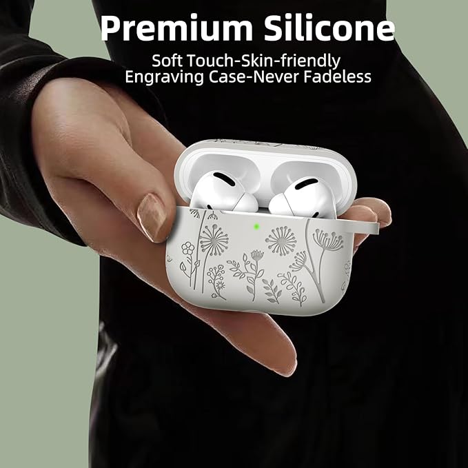 Lerobo Flower Engraved Cover for Airpods Pro Case 2nd Generation Cute, Full Protective Case Compatible with Apple AirPod Pro/Pro 2 Case USB C Soft Silicone Skin, Front LED Visible, Starlight