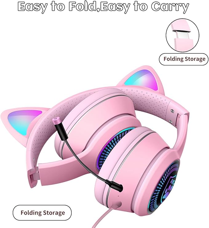 Cat Ear Gaming Headphones Wired AUX 3.5mm with LED Light, VIGROS Flashing Stereo Game Headphones Surround Sound Over-Ear Headsets with Microphone Fit Kids & Adult for PC, PS4, Switch, Mobile, Laptop