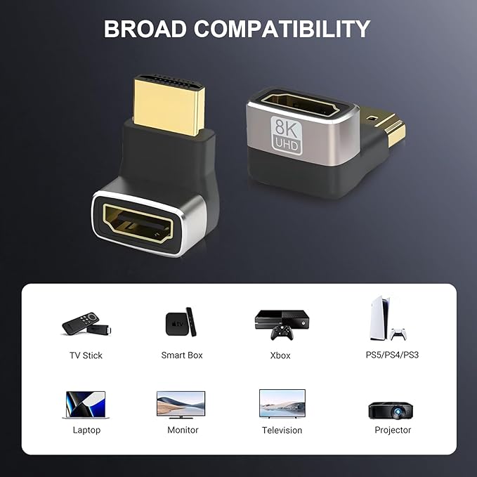 Gold Plated HDMI 90 & 270 Degree Adapter - 2 Pack, Right Angle, Vertical, L Shape, Supports 8K@60Hz, 4K@120Hz, for HDTV, Xbox, PS5