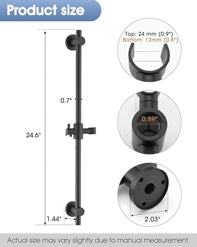 Shower Slide Bar with Adjustable Handheld Shower Head Holder, 25 Inch SUS304 Stainless Steel Shower Rail, Replacement for RV, Camper, Hotel & Bathroom, Polished Matte Black