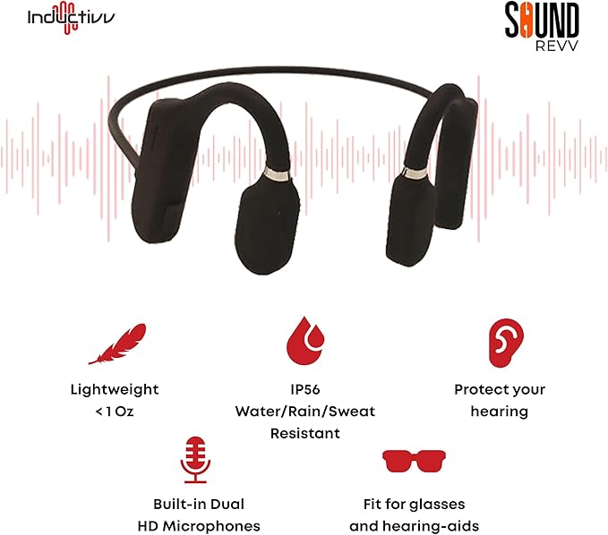 Inductivv Bone Conduction Headphones Sound Revv Open Earphones Wireless Bluetooth Running Headphones with Mic, IP56 Waterproof, Lightweight and Comfortable Fit Sport Bone Conduction Earbuds & Exercise