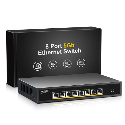 8 Port 5G Ethernet Switch Unmanaged,with 8X 5Gb Base-T Ports, NICGIGA 5Gbps Network Switch Easy for 5G NAS,PC,WiFi7 Router,5Gbe Adapter/NIC. Desktop or 19-inch Rack Mount, Plug and Play.