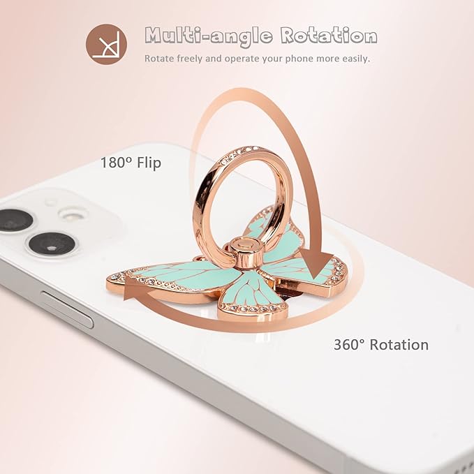 Butterfly Cell Phone Ring Grip Holder, 360 Degrees Rotation Phone Ring Grip Stand, Metal Finger Kickstand Compatible with iPhone, Samsung Galaxy, Android Phone