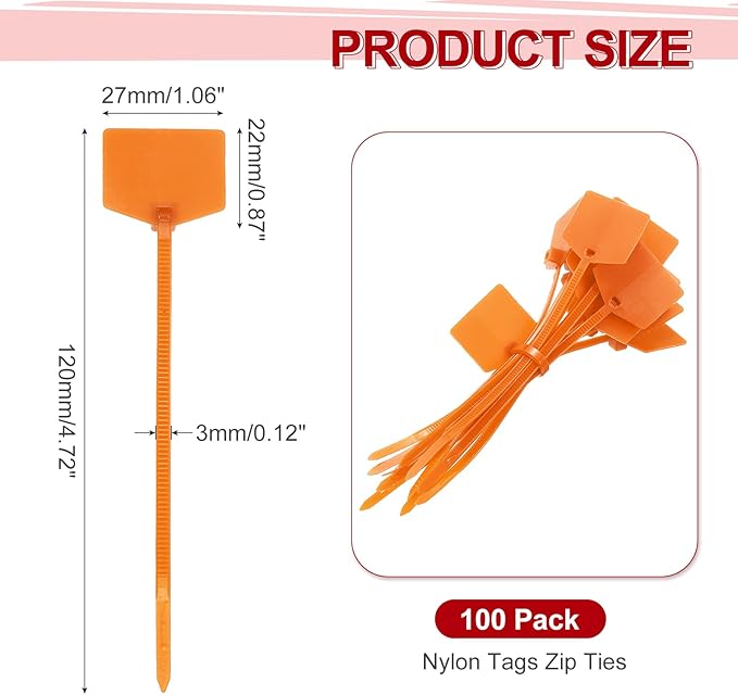 MECCANIXITY 100Pcs 4.7 Inch Waterproof Shipping Tags 0.12" Nylon Writable Hanging Tags Self Locking Labels Zip Tie Wraps for Indoor and Outdoor, Orange
