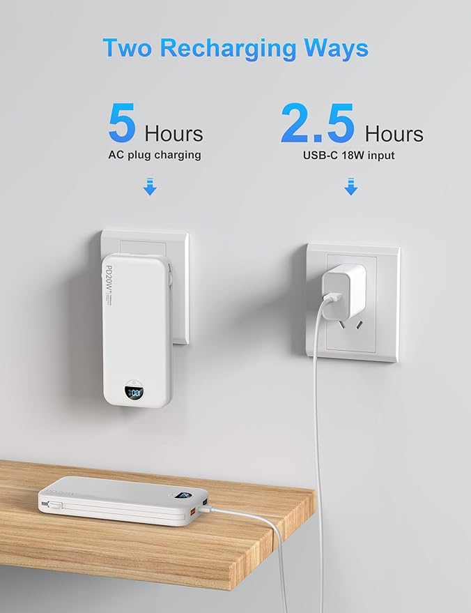 Portable Charger with Wall Plug, 10000mAh USB C Power Bank Fast Charging, External Battery Pack with Built in Cables, Digital Display, 5 Output 4 Input for iPhone Android Cell Phone Tablet