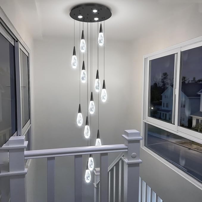 H118 Chandeliers for High Ceiling Black Modern Crystal Pendant Light 12-Lights Crystal Raindrop Chandelier for Living Room Staircase Villa