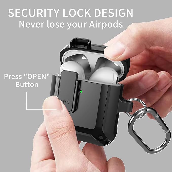 for Airpods 2nd 1st Generation Case Men Lock with Cleaner Kit, Rugged AirPod 2/1 Gen Protective Hard Cover Shockproof Skin Boys Women with Keychain for Apple iPods 2nd/1st Cases, Black