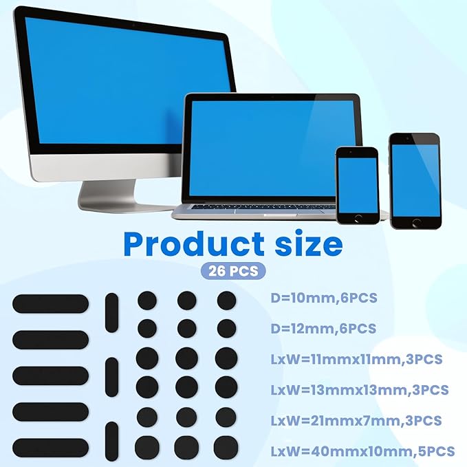 26PCS Universal Webcam Covers Laptop Camera Cover Privacy Protection Accessory - 6 Sizes for Every Size Webcam on Any Device, Great for Privacy - Black