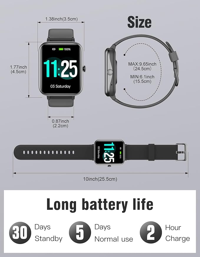 Fitness Tracker Fitness Watches for Women Men (Make/Answer Calls), 1.85" Smart Watch for iPhone/Android Phones, Heart Rate/Sleep Monitor Steps Tracker Watch Pedometer IP68 Waterproof (Dark Black)