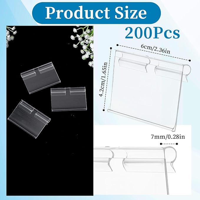 200 Pcs Reusable Plastic Wire Shelf Label Holder, Basket Bin Clip On for Pantry Retail Merchandise Shopping Mall Store Shop Supermarket and Ticket Display Holder, Clip-On Design, 2.4 x 1.7 in