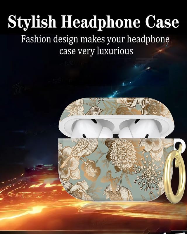 Compatible with AirPod Pro 2nd/1st Generation Case Cover with Key Chain,Full Protective Shockproof Wireless Headphone Case for Airpod Pro 2023/2022/2019(Golden Retro Flower and Bird)