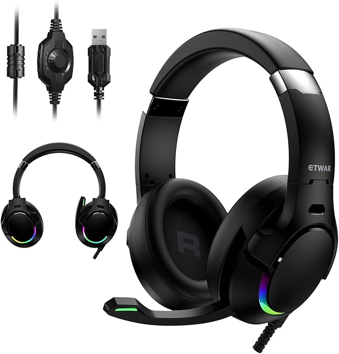 EG80 USB Gaming Headset with Noise Cancelling Microphone,7.1 Surround Sound,Soft Memory Foam Padding, RGB Lights, Wired Headphones for PS4, PS5 Console, Laptop, Call Center