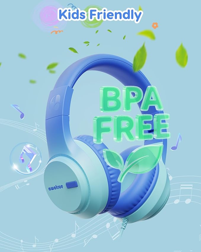 Kids Headphones, 74/85/94dB Volume Limiter, Foldable Wired Over Ear Headphones for Travel, 3.5mm Jack, Toddler Headphones for School, Chromebook, iPad, Tablet, Blue