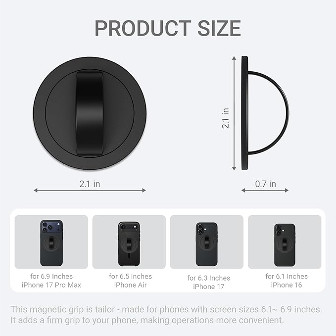 Grat 3 for Magsafe Magnetic Phone Grip Stand, 360° Rotatable Silicone Strap Phone Loop Holder, Detachable Ring Kickstand Compatible with iPhone 17 Pro Max Air 16 15 14 13 12, Black