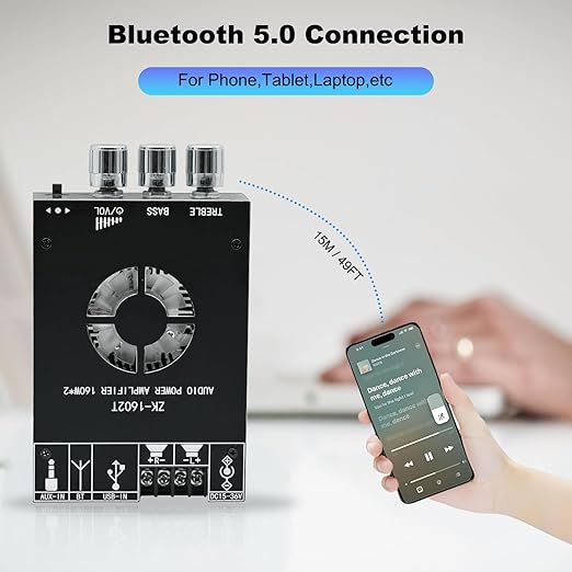 ZK-1602T 160W+160W Bluetooth Amplifier Board with Treble and Bass Control, 2.0 Channel Stereo Audio Mini Power Amplifier Board, TDA7498E Chip DC 15-36V, BT and AUX Inputs for DIY Wireless Speakers