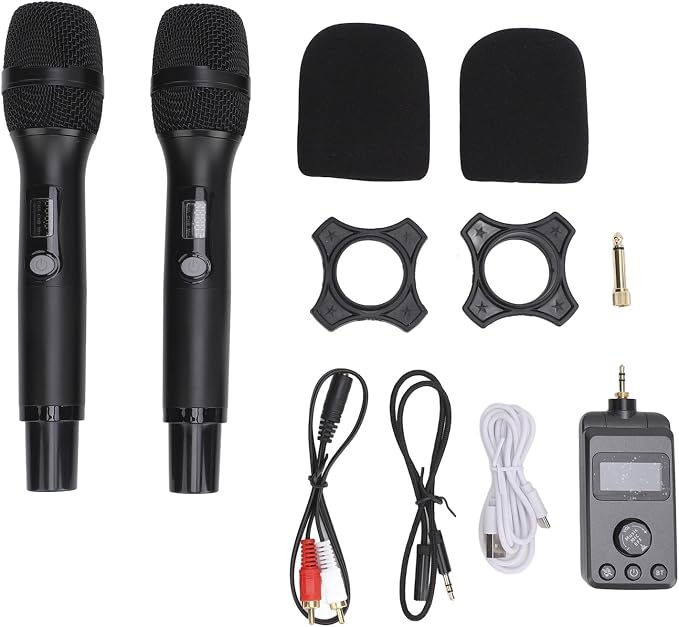 Dual Cordless Microphone, DSP Technology UHF Dynamic Handheld Mic for Smartphones Tablets Computers Ideal for Streaming Recording and Karaoke