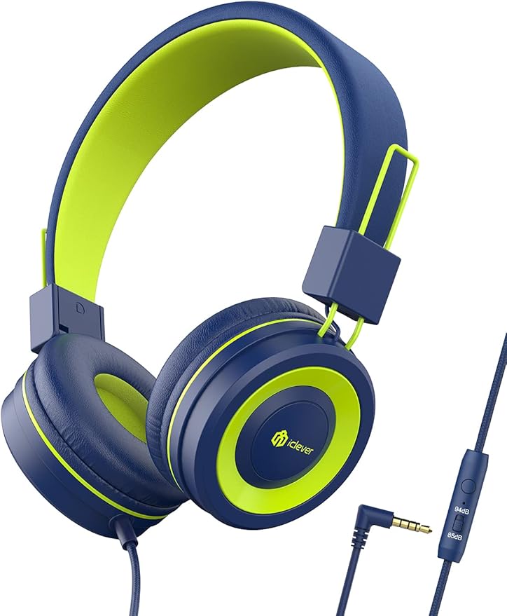 iClever Kids Headphones with Microphone, 85dB/94dB Volume Limited, Stereo 3.5mm Jack, Tangle-Free Wired Headphones for Boys/Girls/School/Travel/iPad, Green