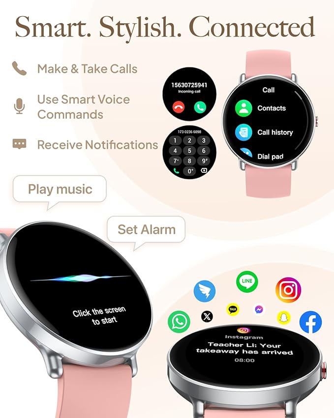Smart Watch for Women Men, for Android iOS with Sleep & Calorie Monitor, Pedometer Fitness Tracker, Bluetooth Call, IP68 Waterproof, 112+ Sport Modes Round Face Smartwatch (Baroque Pink)