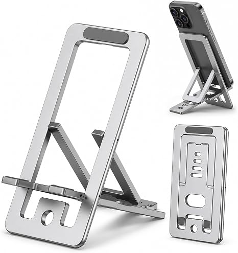 Portable Phone Stand,Tablet Stand,Travel Phone Stand,Foldable Phone Stand Compatible with iPad mini/Air, Samsung Galaxy Tab, Kindle Fire, Switch 2,iPhone and Other Tablets-Silver（Aluminum Alloy）