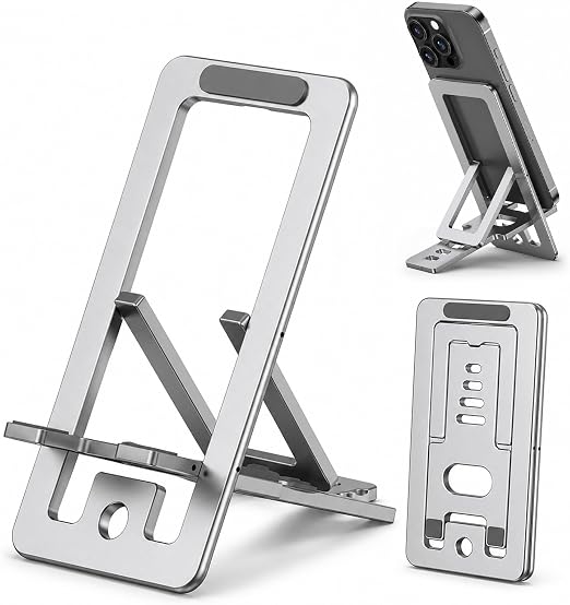 Portable Phone Stand,Tablet Stand,Travel Phone Stand,Foldable Phone Stand Compatible with iPad mini/Air, Samsung Galaxy Tab, Kindle Fire, Switch 2,iPhone and Other Tablets-Silver（Aluminum Alloy）