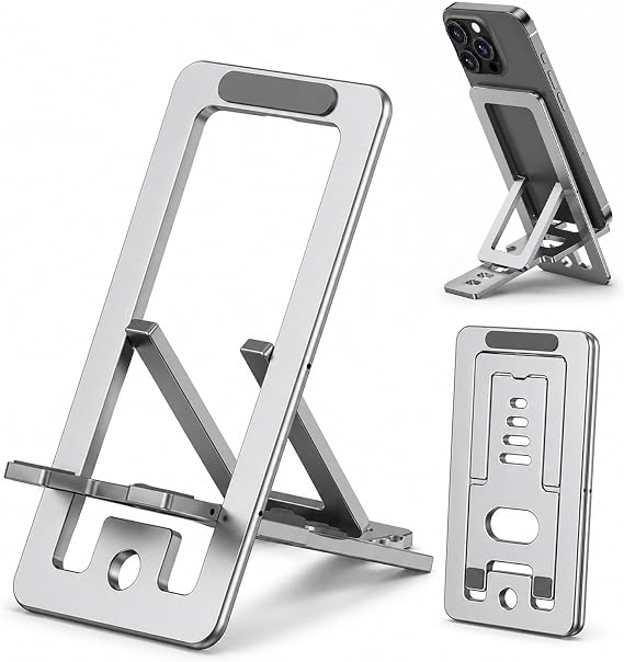 Portable Phone Stand,Tablet Stand,Travel Phone Stand,Foldable Phone Stand Compatible with iPad mini/Air, Samsung Galaxy Tab, Kindle Fire, Switch 2,iPhone and Other Tablets-Silver（Aluminum Alloy）