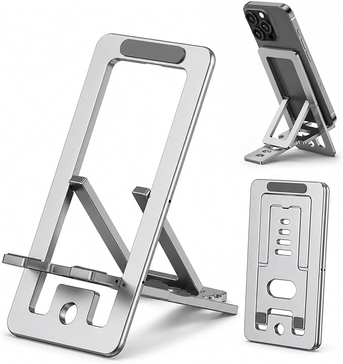 Portable Phone Stand,Tablet Stand,Travel Phone Stand,Foldable Phone Stand Compatible with iPad mini/Air, Samsung Galaxy Tab, Kindle Fire, Switch 2,iPhone and Other Tablets-Silver（Aluminum Alloy）