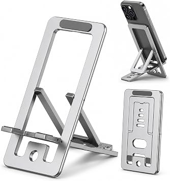 Portable Phone Stand,Tablet Stand,Travel Phone Stand,Foldable Phone Stand Compatible with iPad mini/Air, Samsung Galaxy Tab, Kindle Fire, Switch 2,iPhone and Other Tablets-Silver（Aluminum Alloy）