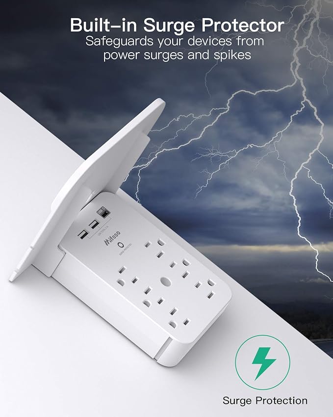 Outlet Extender with Shelf, Mifaso Surge Protector 6 AC Multi Plug Wall Outlets and 3 USB Ports, PD 20W USB-C Charger, Outlet Splitter for Bathroom Home