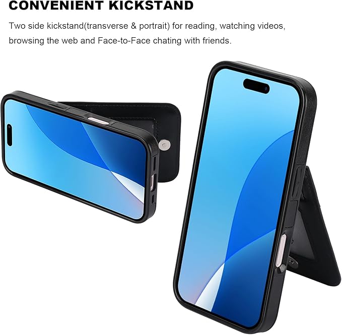 KIHUWEY for iPhone 16 Case Wallet Compatible with MagSafe Wireless Charging, Credit Card Holder, RFID Flip Leather Magnetic Clasp Kickstand Heavy Duty Protective Cover 6.1 Inch (Black)