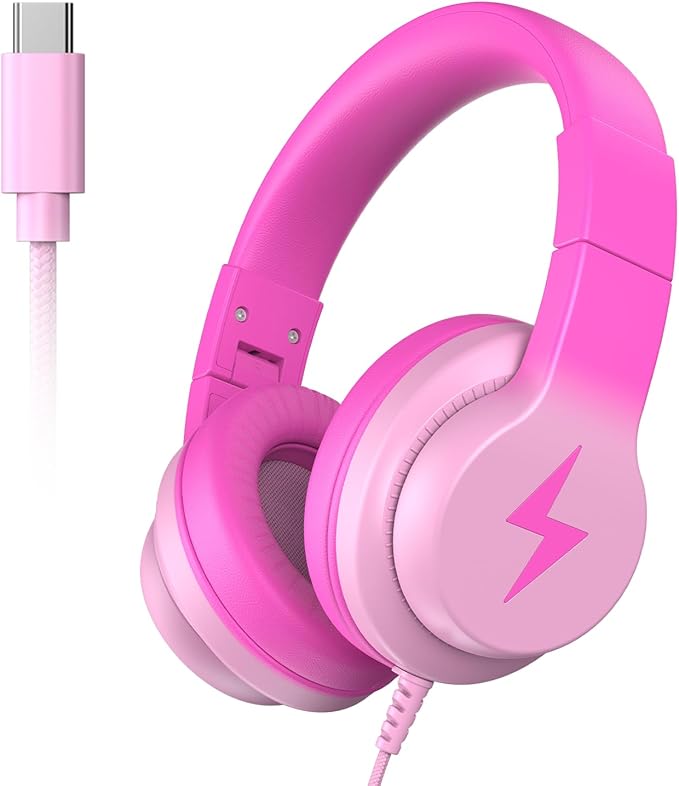 Wired USB C Kids Headphones, 85dB Safe Volume Limit, HD Stereo Sound, Adjustable Headband, Foldable Over-Ear Design for School/Travel/Boys/Girls/iPad/Tablet (Gradient Rose Pink,No Mic)