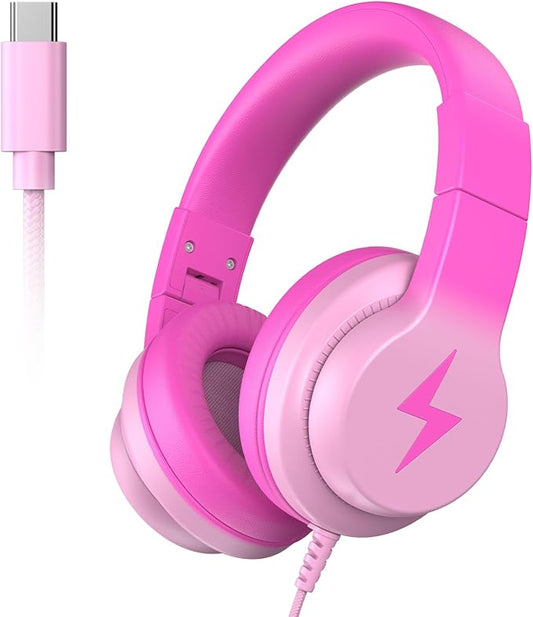 Wired USB C Kids Headphones, 85dB Safe Volume Limit, HD Stereo Sound, Adjustable Headband, Foldable Over-Ear Design for School/Travel/Boys/Girls/iPad/Tablet (Gradient Rose Pink,No Mic)