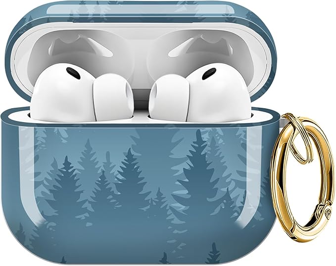 for AirPods Pro 3 Case, Compatible with AirPods Pro 3rd Generation Case (2025), Shockproof Protective Cover with Golden Carabine (Misty Forest Aesthetic Blue)