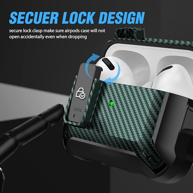 Valkit Compatible Airpods Pro Case with Lock Clip, Carbon Fiber Texture Air Pod Pro Case Cover with Keychain for Men Women Cool AirPod Pro Shockproof Protective Case for AirPods Pro 2019, Black/Green