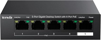 Tenda 5 Port PoE Switch, Ethernet Switch 4 Port PoE+@63W & Gigabit Uplink