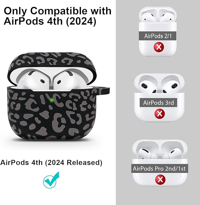 Silicone Leopard AirPods 4 Case 2024, Gawnock Case Cover for Apple Airpods 4th Generation Print Soft Flexible Cover for Air Pod 4th Women Girls, Skin with Keychain - Leopard Gray