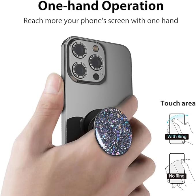 Phone Ring Holder, Phone Grip Holder Finger Kickstand, Foldable & Adjustable Metal Cell Phone Rings Gripper Stand Work with Magnetic Car Mount for iPhone Samsung & Other Phones - Sparkle Black