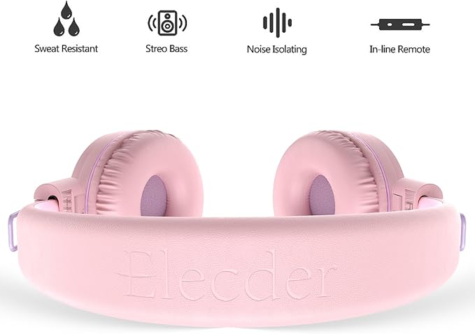 ELECDER i37 Kids Headphones for School Children Girls Boys Teens Foldable Adjustable On Ear Wired Headphones with 3.5mm Jack for Smartphones Chromebook Laptop Computer PC Tablets Travel, Peach/Purple