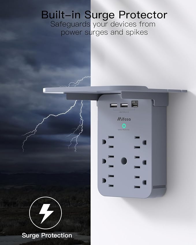 Outlet Extender with Shelf, PD 20W USB-C, Mifaso Surge Protector 6 AC Multi Plug Wall Outlets and 3 USB Ports, Outlet Splitter for Bathroom Home (Gray)