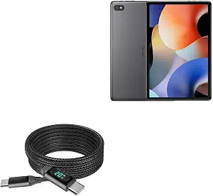 BoxWave Cable Compatible with Blackview Oscal Pad 10 - PowerDisplay PD Cable (6ft) - USB-C to USB-C (100W), LED Wattage Info Extra Long Braided Nylon - Jet Black