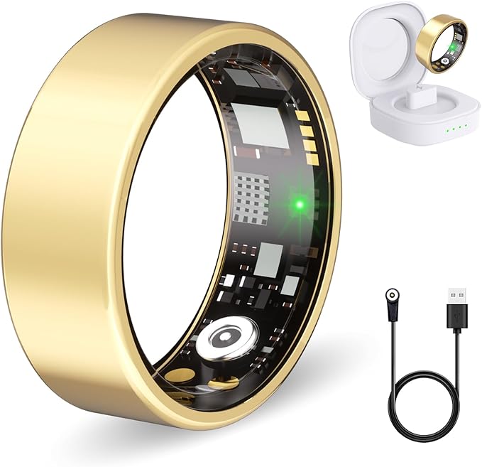Smart Ring for Women Men Fitness Ring with Heart Rate, Blood Oxygen, Blood Pressure, Sleep Tracker, Step Tracker, IP68 Waterproof Health Ring for iOS & Android,No Subscription Fee (Gold, 13#)