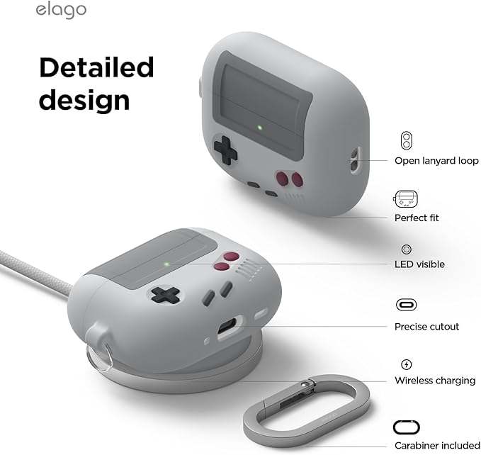 elago AW5 Compatible with AirPods Pro 3 Case Cover - Classic Retro Handheld Game Console Design Case, Carabiner Included [Light Grey]