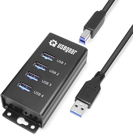 USBGear 4 Port USB Hub 3.2 Gen 1 – Mountable SuperSpeed Data Hub with USB Ports for Laptop, PC, Desktop, and More, 5V/2A Power Adapter with Type-A to Type-B Cable (3ft), Computer Accessories